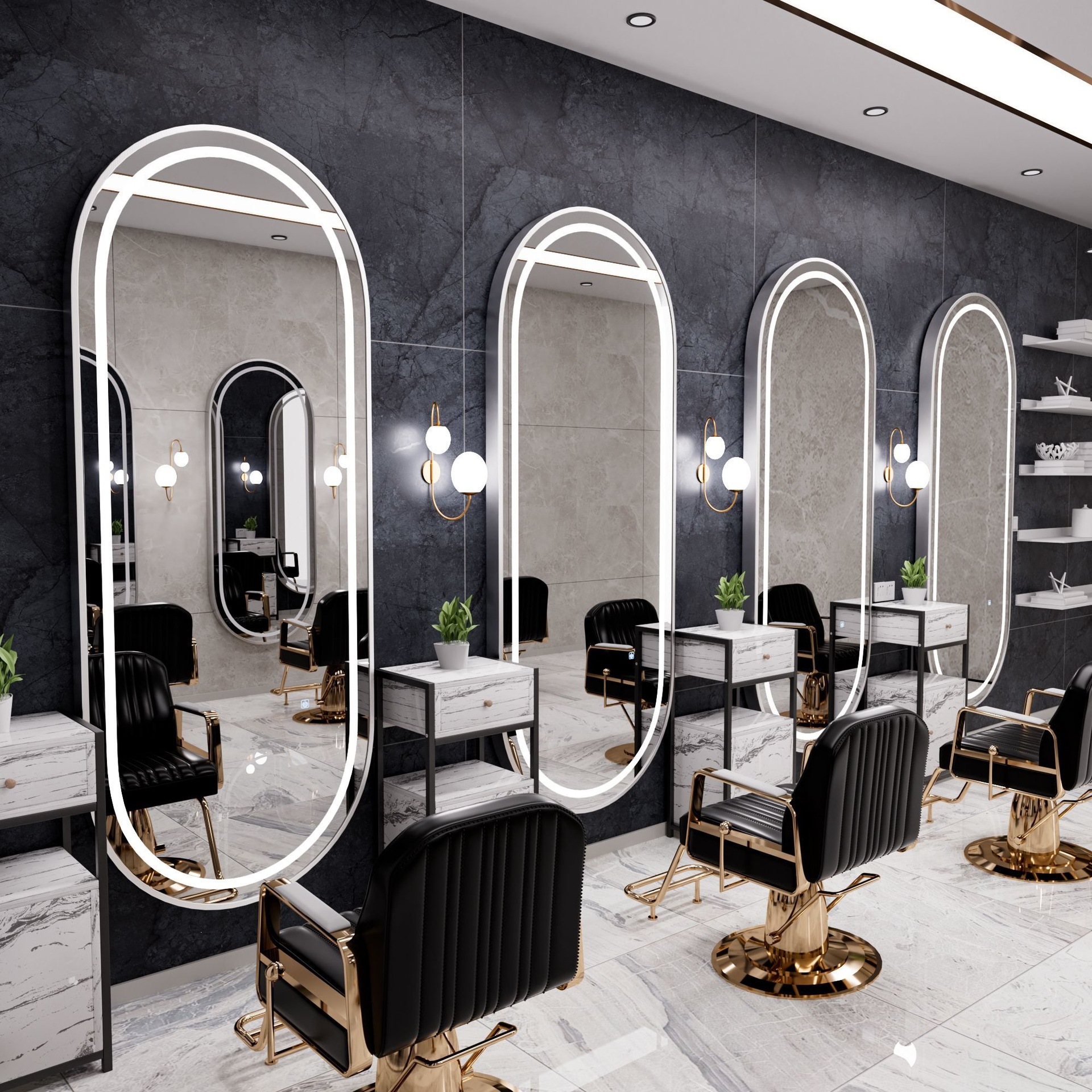 Barbería espejo salón especial barbería escaldar y teñir espejo con lámpara LED elíptica pared colgante suelo espejo de corte de pelo de lujo ligero
