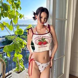 新款甜美樱桃印花ins三件套辣妹针织吊带背心沙滩度假分体泳衣女