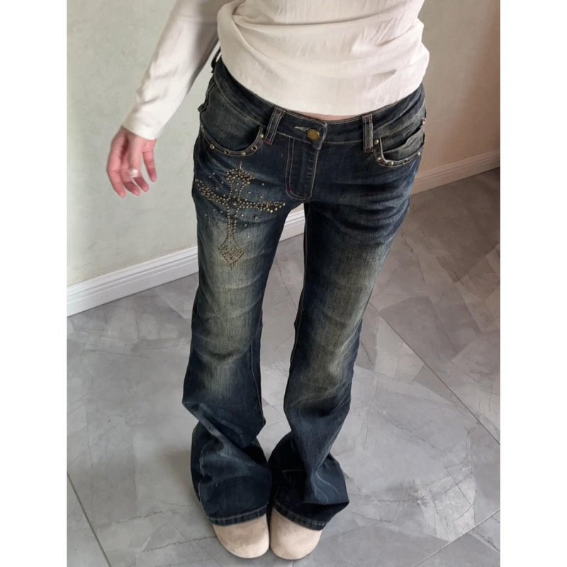 American High Street Style Cross-Pattern Rhinestone Jeans for Women, Vintage Distressed Slim-Fit Flared Pants