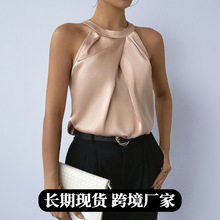 外贸shein女装欧美跨境色丁缎面衬衫 25秋季新款仿真丝高级感上衣