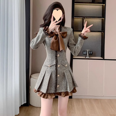 法式小香风撞色蝴蝶结系带圆领长袖连衣裙女2025秋季新款收腰裙子