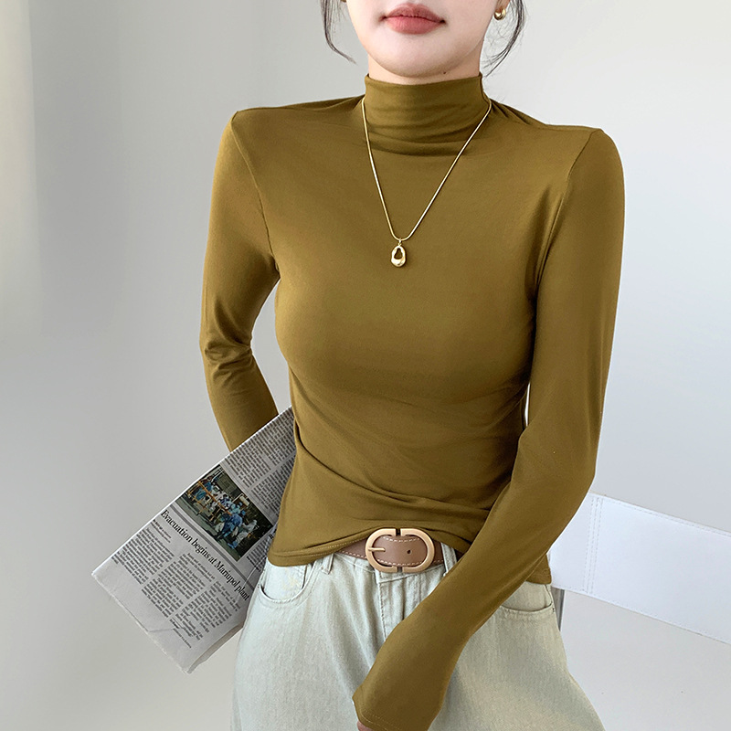 Camiseta legging de cuello medio alto para mujeres 2024 otoño y invierno nuevo ajustado interior con camiseta de manga larga delgada y delgada chaqueta de aire extranjero image 6