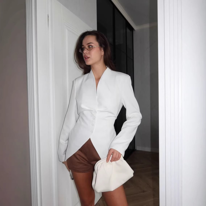 2026 Spring and Summer New Style Waist-Cinching Slim-Fit Single-Breasted Collarless Tie-Back Blazer Solid Color Women's Suit