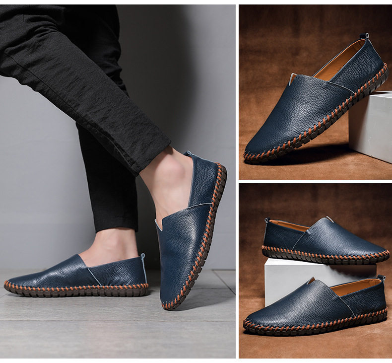 Giày lười nam da bò lớp đầu cỡ lớn, kiểu slip-on mũi tròn, đế bệt — 955 Trắng đục lỗ, 955 lỗ màu nâu, 955 lỗ màu đen, 955 màu xanh lam chi tiết 16
