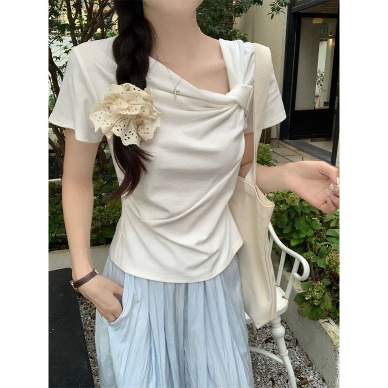 短袖T恤女夏季2025甜美白色韩系斜领不规则褶皱内搭打底修身上衣|undefined