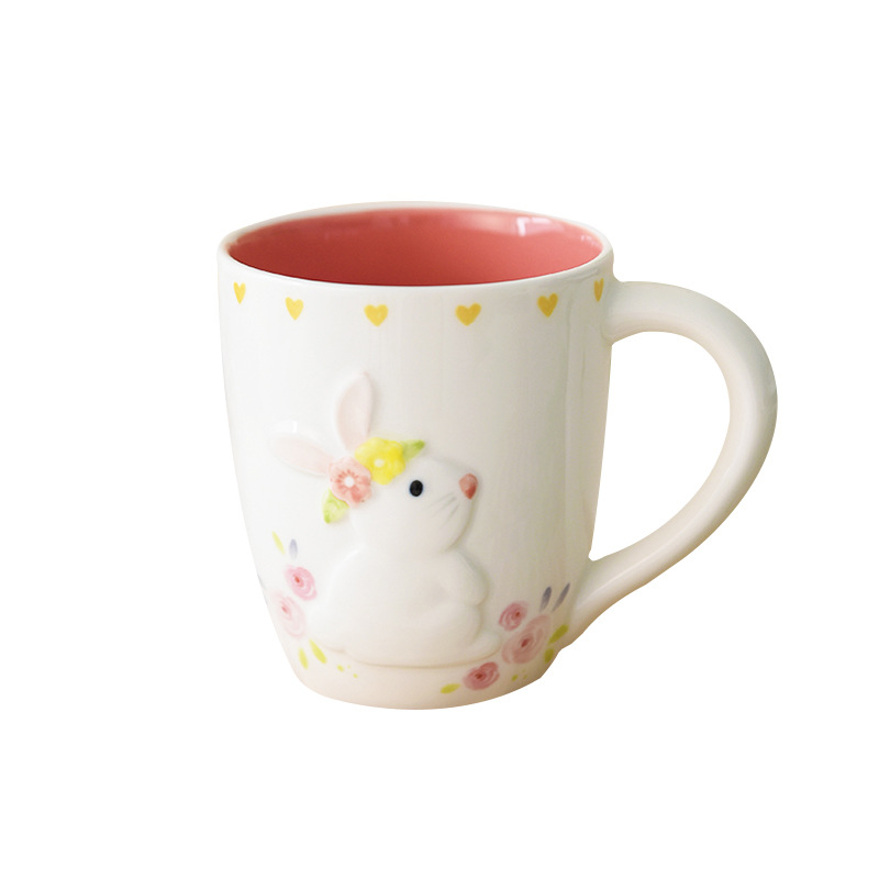 Taza de cerámica europea, serie Primavera con conejo de Pascua y rosa, color bajo esmalte, taza de agua de oficina de alto valor