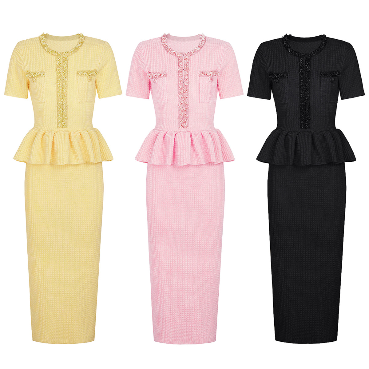 25187 High-Quality Spot European and American Spring and Summer New Fashion Knitted Beaded Slim Slim Short-Sleeved Dress for Women