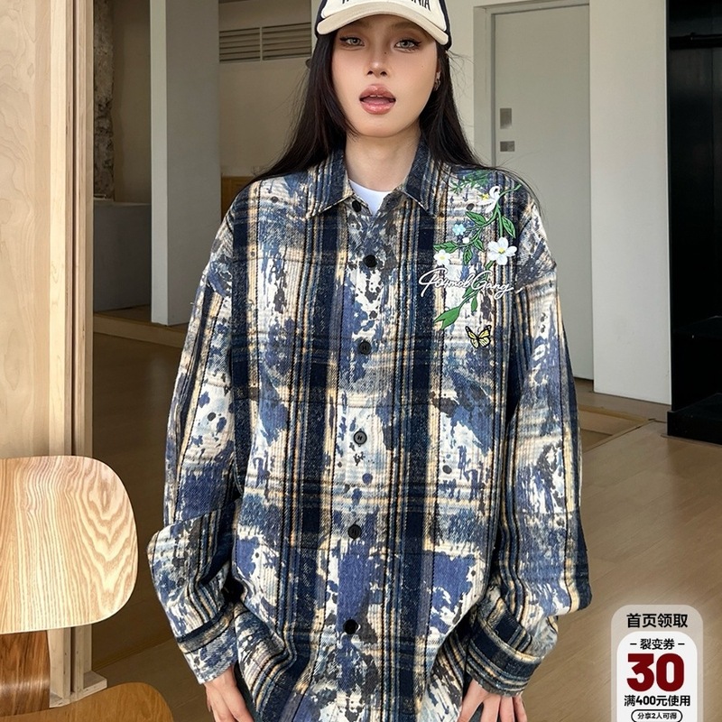 渝宝同款404MOB美式扎染花卉刺绣长袖衬衫男磨毛加厚情侣外套男女|undefined
