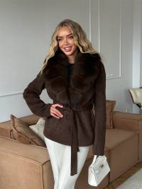 Abrigo de Lana con Piel Sintética para Mujer de Poliéster e Imitación de Piel con Atadura para Invierno image 8