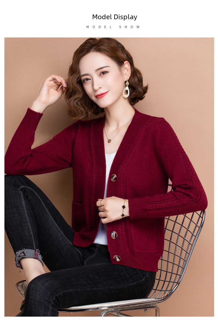 Women's V-neck Cardigan Solid Colour Long-sleeved Sweater Coat_voghion.com