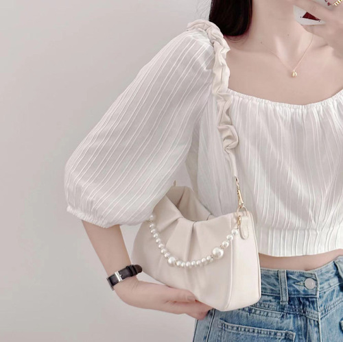 French versatile white pleated cloud bag for women 2024 new pearl chain armpit bag single shoulder crossbody bag for women