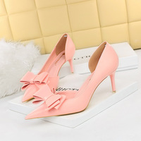 3168-A2 Korean version slim and sweet beauty shoes with slim heels, high heels, shallow toes, and side hollowed bow single shoes