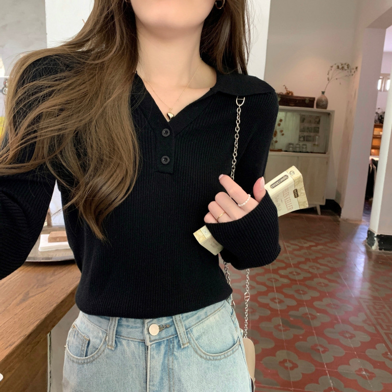 翻领复古内搭针织衫女秋冬长袖套头毛衣打底衫修身显瘦polo领上衣|undefined