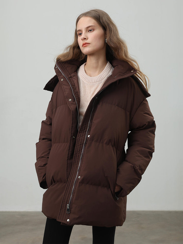 Áo khoác bông nữ có mũ, khóa kéo, thắt eo dáng ôm, dài trung bình, chất liệu polyester dày — màu nâu, màu đen, quả mơ chi tiết 41