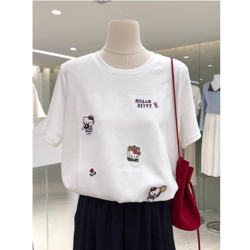 Cross-Border Hot-Selling Pure Cotton Plus-Size 120kg Cartoon Embroidered Short-Sleeve T-Shirt for Women, Kt Cat Cute Loose Trendy Style