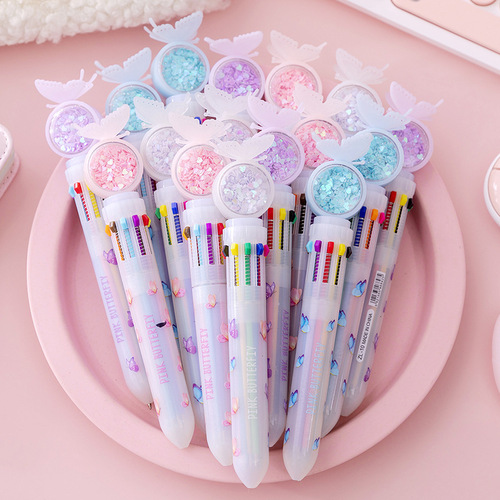 Cute girl ballpoint pen ten-color push-type multi-color in-one student-specific multi-functional handbook pen color oil pen