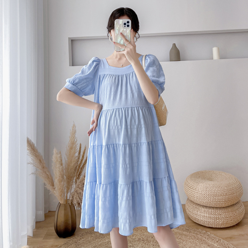 Pregnant Women's Summer New Korean-style Internet Celebrity Over-the-knee Covering Belly Small Fresh Loose Elegant Pleated Pregnant Women's Dress