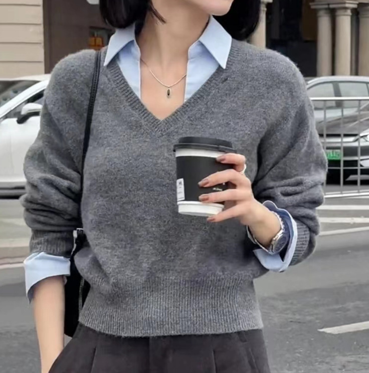 保暖内搭假两件针织衬衫女士秋冬爆款设计感羊毛上衣|undefined