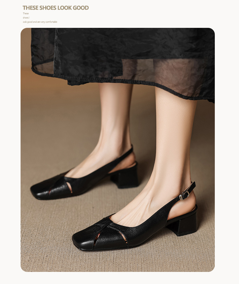 Sandal nữ mũi vuông da cừu hở mũi gót vừa dày — đen chi tiết 10
