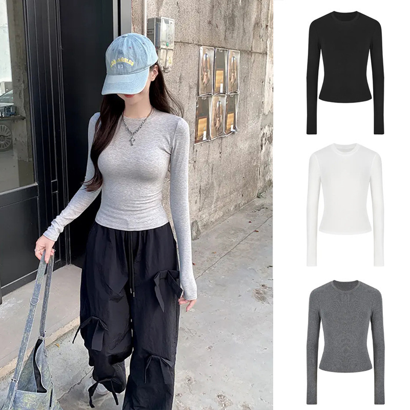 Slim-Fit Long-Sleeve T-Shirt for Women, Spring and Autumn, Slimming Base Shirt, 2026 New Style, Round Neck, Tight-Fitting Top
