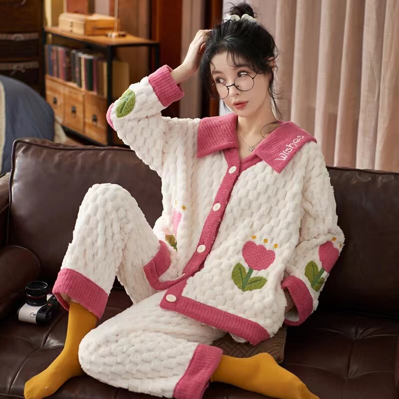 Coral Velvet Autumn and Winter Long-Sleeved Thickeneded Velvet Flannel Cute Women's Home Wear Set Soft Touch Warm Home