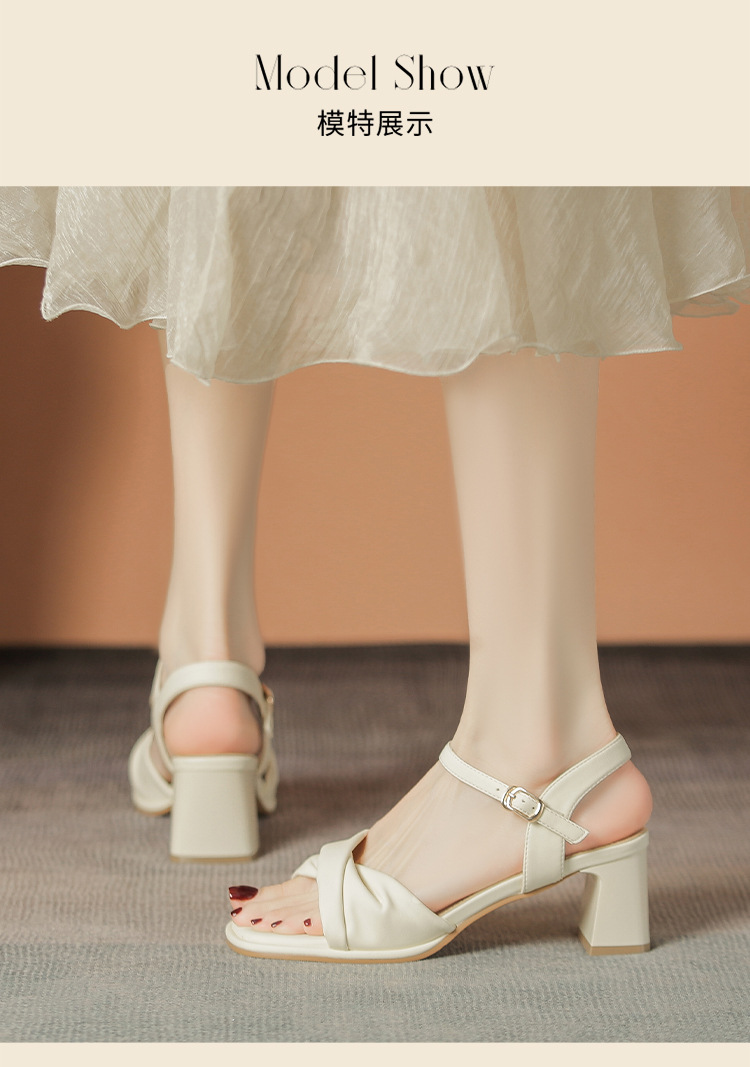 Sandal cao gót nữ quai ngang mũi vuông gót vuông kiểu Pháp — BL376 màu be chi tiết 11