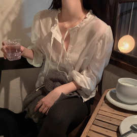 已出货韩国chic早春新款温柔风甜美木耳边可叠搭百搭长袖衬衫