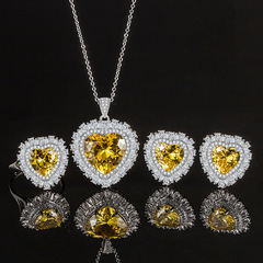 黃色套裝項鍊戒指耳釘新款愛心形輕奢鎖骨鏈吊墜黃鑽鋯石一件代發