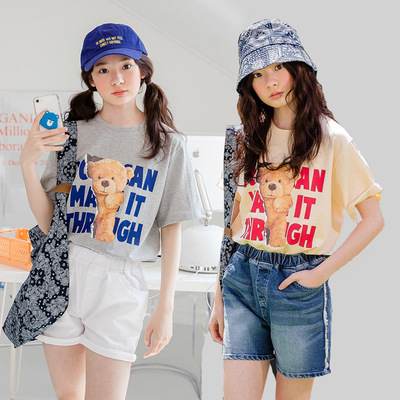 2021 the republic of korea girl Shirts printing Short sleeved T-shirt Little Bear CUHK cowboy shorts suit With children