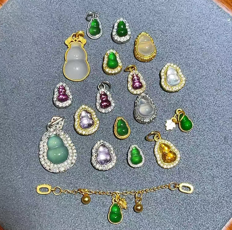 Natural Tourmaline Diamond Gourd S925 Silver Gold-Plated Through-Hole Accessories Bracelet String Decoration DIY Handmade Bead Semi-Finished Product
