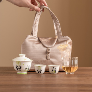 Factory Hand-painted Panda Fortune Travel Tea Set suit Portable Outdoor Ceramic Kung Fu Gaiwan Tea Cup Travel Bag
