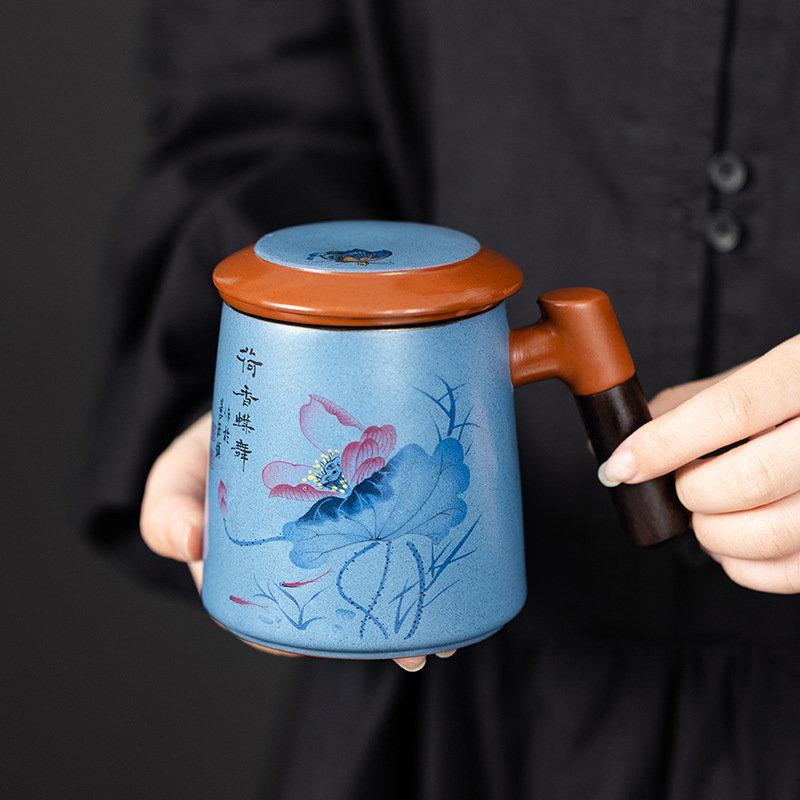 Logo three-piece tea separation filter with lid office tea cup business creative hand gift ceramic cup