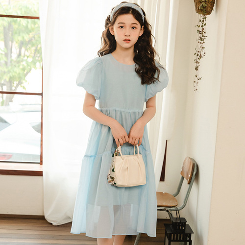 Summer French Puff Sleeve Dress for Girls  Korean Version New Middle and Big Kids Children Fashion Princess Dress