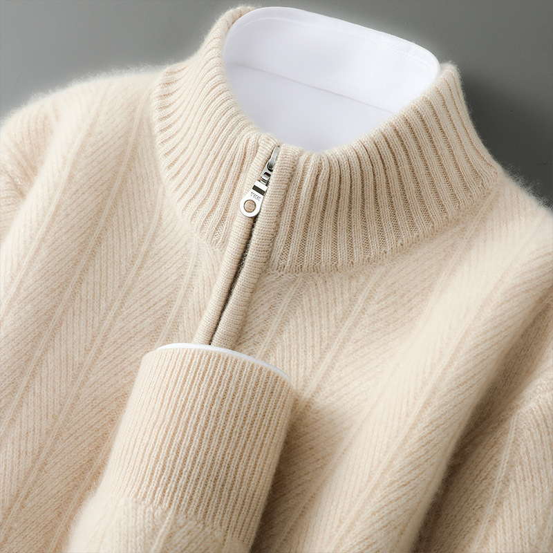 25 Autumn and Winter New 100% Pure Wool Sweater Men's Half-High Collar Zipper Pullover Knitted Sweater Loose Thickened Jacket