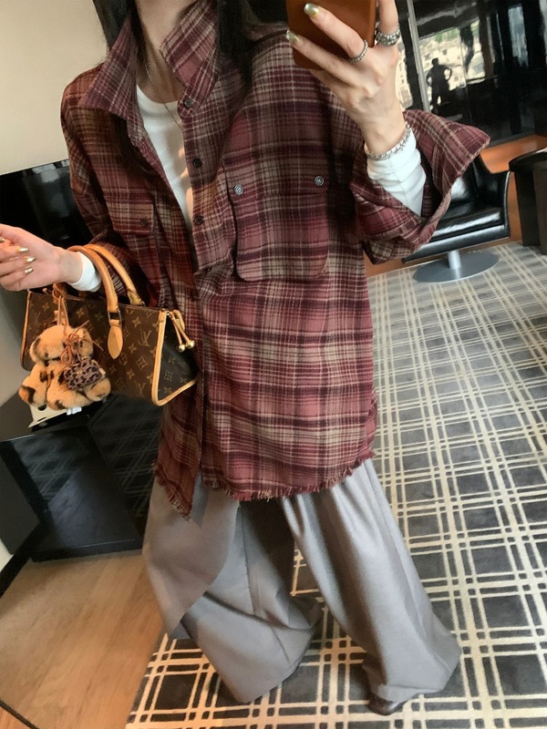 欧阳格子毛边衬衫外套女秋季新款宽松复古衬衣设计感小众上衣|undefined