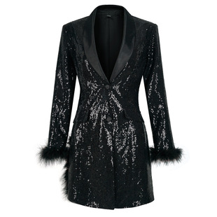 Summer New Cross-border Foreign Trade Independent Station Fashion Casual Coat Deep V dress Sequin Feather Small Suit Women
