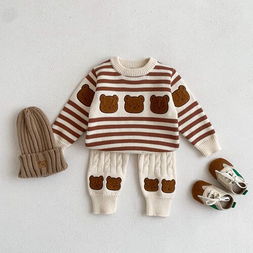 Infant autumn and winter clothing baby sweater cartoon striped sweater set newborn warm versatile tops and pants