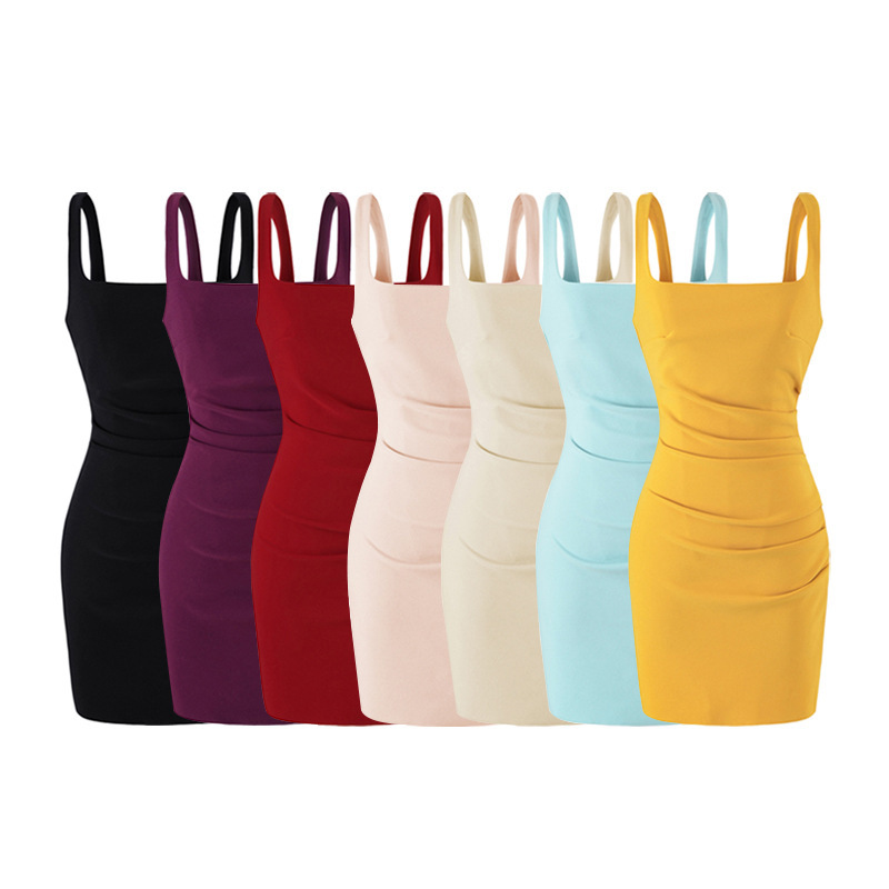 2026 Summer New Style Spicy Girl Square-Neck Ruched Waist-Cinching Spaghetti Strap Dress, Elegant and Versatile Sleeveless Bodycon Short Dress