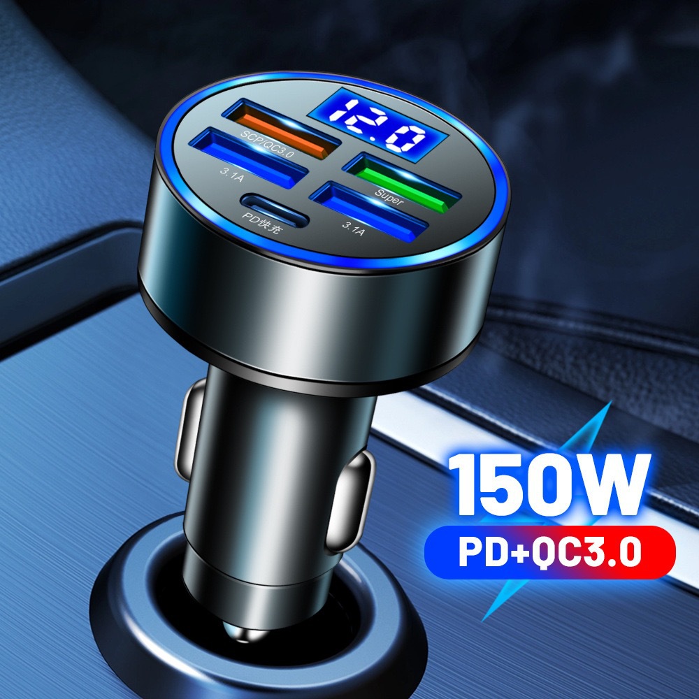 New digital display car charger 4usb 66W fast charge PD mobile phone charging head one drag four with halo car charger