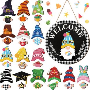 Cross-Border Wooden DIY Magnetic Decorative Hanging Board Welcome Door Sign Dwarf Faceless Doll Round Hanging Party Ornaments