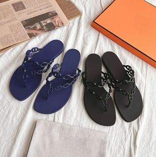 H Chain Pig Nose Flip-Flops TPU with Light Jelly Shoes Outer Wear Flat Beach Flip-on Sandals for Women