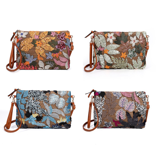 Woven papyrus cross-body bag cross-border summer new style sequin embroidered shoulder bag European and American large-capacity straw handbag