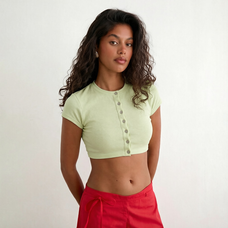 2026 nuevo verano de estilo europeo y americano ropa de mujer transfronteriza tendencia de color sólido botón de punto empalmado blusa corta image 4