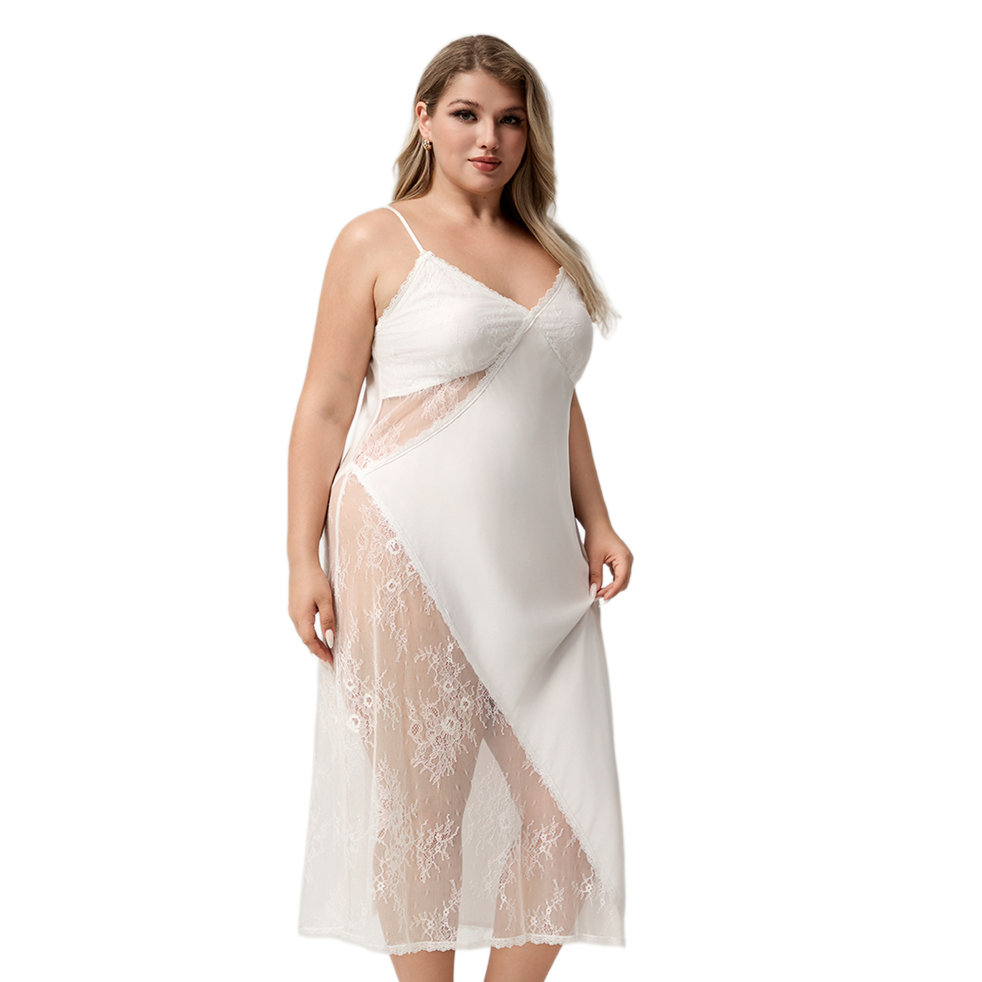 Yaoting nuevo tamaño europeo y americano de cinturón de seda hielo pijama de encaje de costura sexy pijama de mujer larga SQ7006