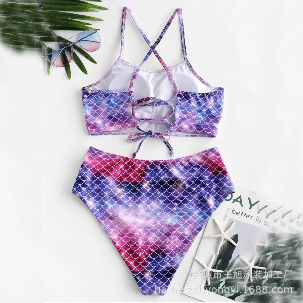 New Cross-Border Foreign Trade European and American Conservative High-Waisted Strap Printed Sexy Two-Piece Swimsuit Bikini Wholesale