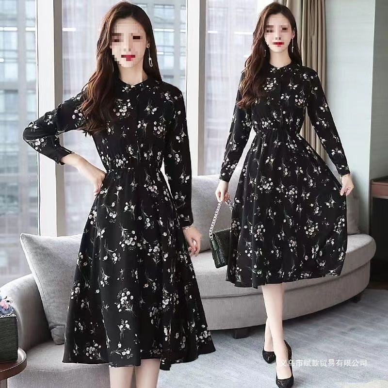 Retro Floral New Style Waist-Cinching Korean Style Large Size Chiffon Dress Bottoming Long-Sleeved Mid-Length Belly-Covering Slimming Skirt