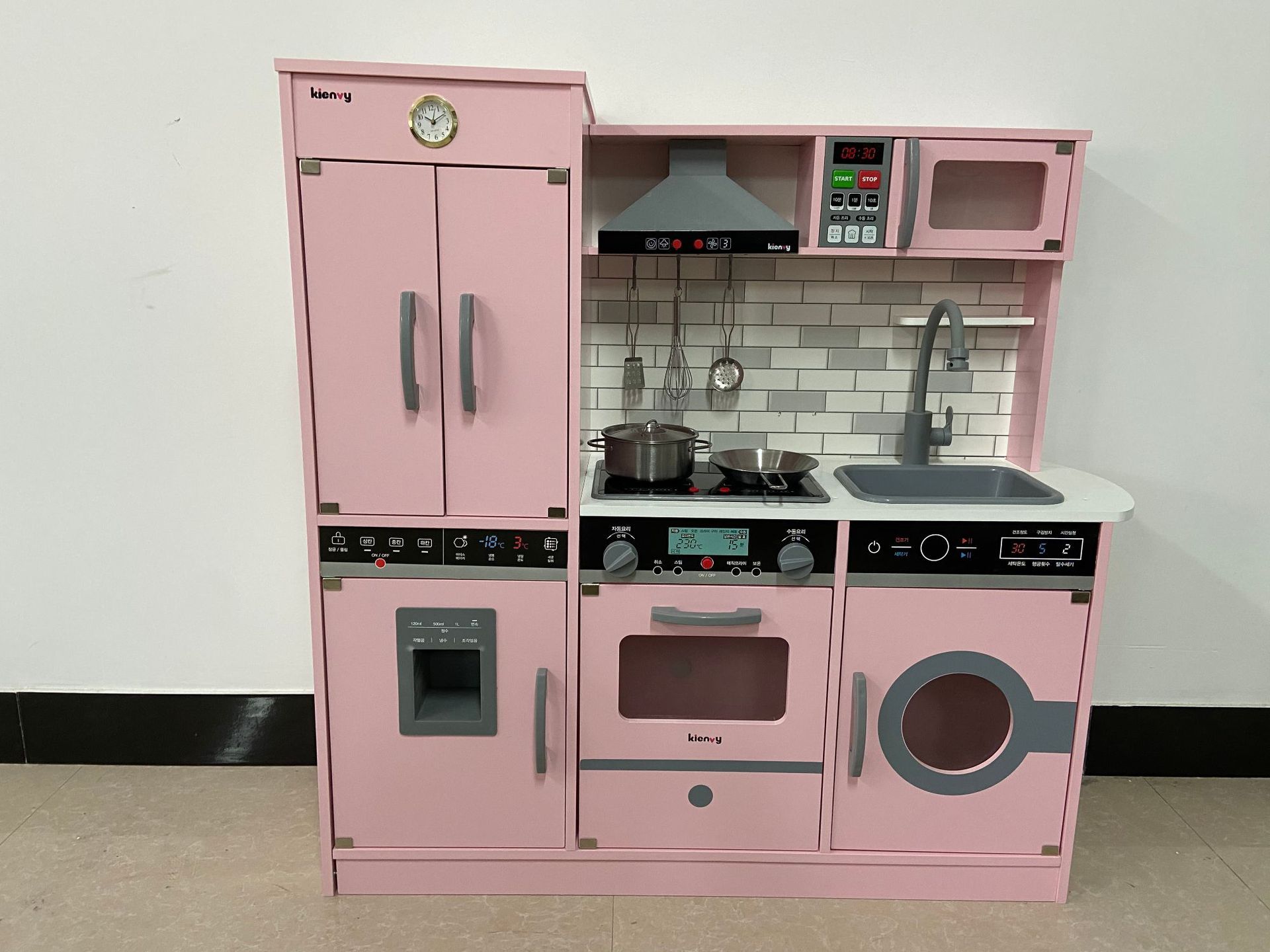 Juego de simulación de madera para niños estilo europeo gris blanco sonido y luz refrigerador grande juguetes de cocina utensilios de cocina traje de cocina