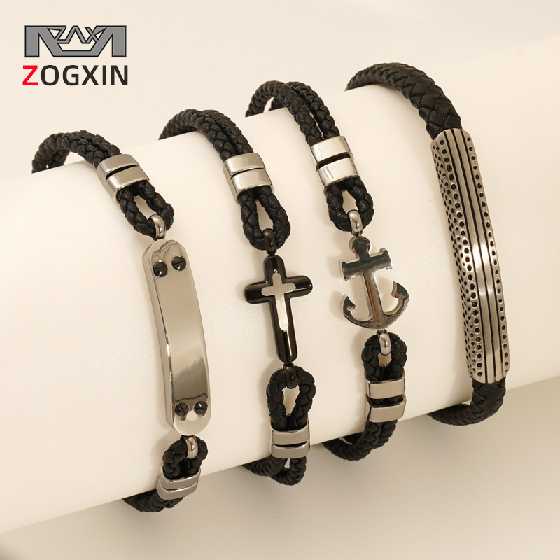 Cuerdas de cuero retro de moda texturas de alta calidad pulseras de estilo masculino y masculino pulseras personales cruz pulseras de acero de titanio al por mayor