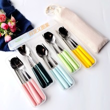 马卡龙色陶瓷柄餐具便携式礼盒三件套不锈钢叉子勺子三件套装礼品