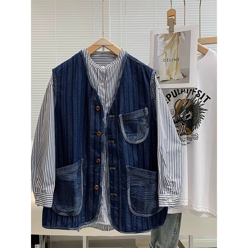 American Retro Washed Color-Block Denim Vest for Men, Loose Casual Spring and Autumn V-Neck Sleeveless Jacket